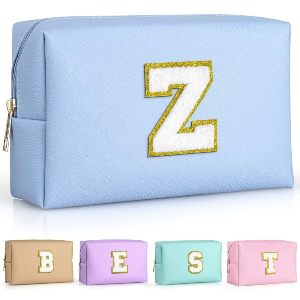 TOPEAST Preppy Makeup Bag, Small Cosmetic Travel Bags for Women, PU Leather Waterproof Toiletry Bag with Zipper, Personalized Birthday Gift for Women Girl, Preppy Gifts for Girl (Sky Blue Z)