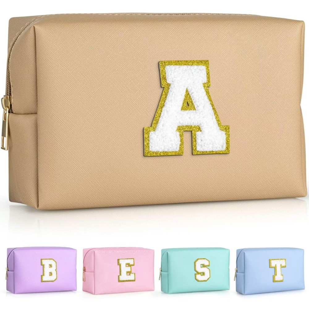 TOPEAST Initial Makeup Bags for Women, Personalized Portable Cosmetic Bag for Travel, Cute Makeup Pouch, PU Leather Waterproof Toiletry Bag, Preppy Things for Girl (Khaki V)
