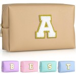 TOPEAST Initial Makeup Bags for Women, Personalized Portable Cosmetic Bag for Travel, Cute Makeup Pouch, PU Leather Waterproof Toiletry Bag, Preppy Things for Girl (Khaki V)