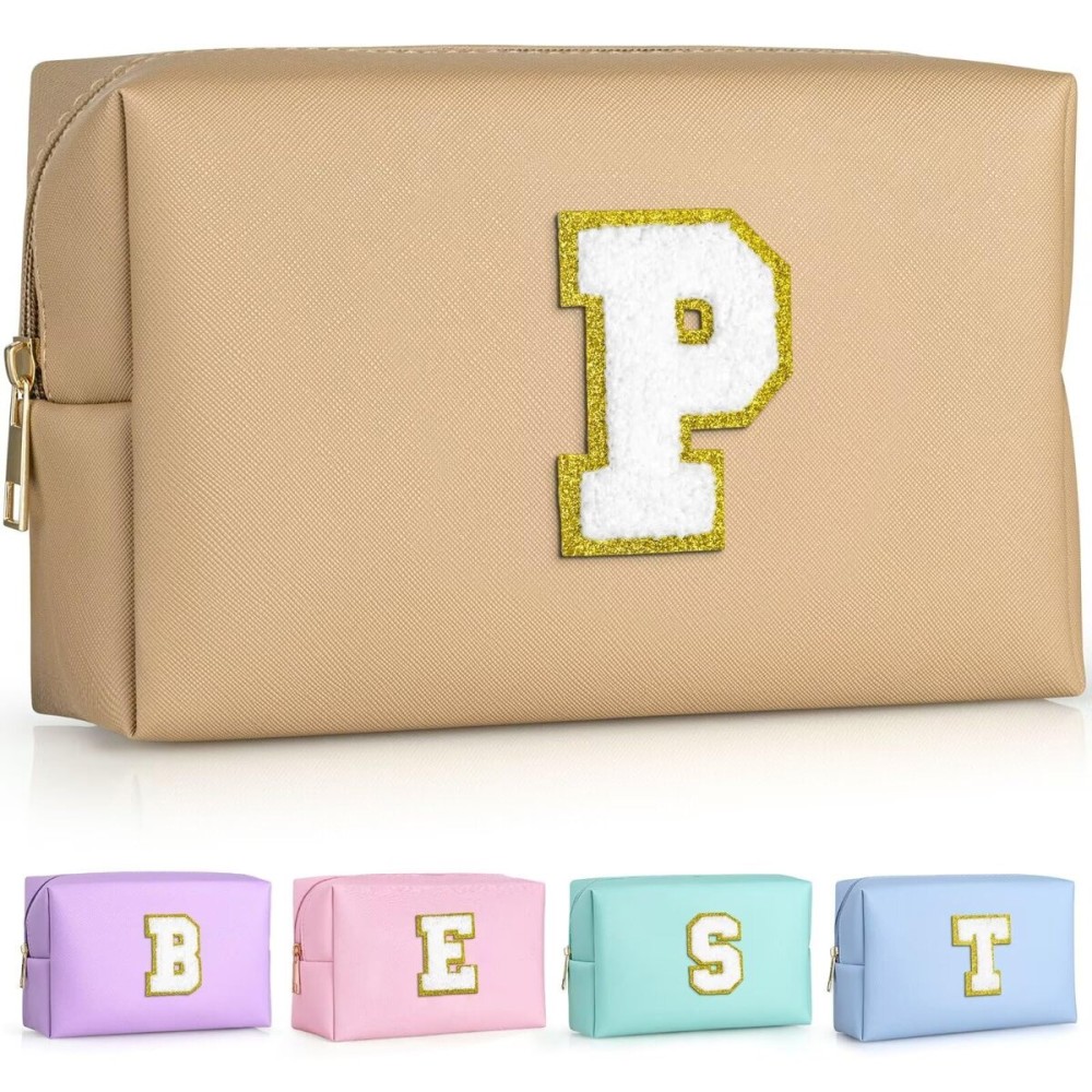 TOPEAST Personalized Makeup Bag, Chenille Letter Pouch Cosmetic Bag w Zipper, PU Leather Waterproof Toiletry Bag, Bridal Shower Gifts for Bridesmaids, Cute Stuff for Girls (Khaki P)