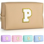 TOPEAST Personalized Makeup Bag, Chenille Letter Pouch Cosmetic Bag w Zipper, PU Leather Waterproof Toiletry Bag, Bridal Shower Gifts for Bridesmaids, Cute Stuff for Girls (Khaki P)