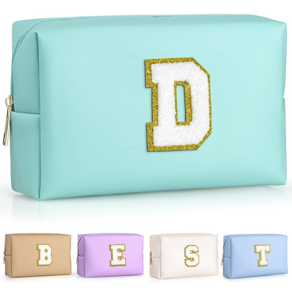 TOPEAST Preppy Small Makeup Bag, Chenille Letter Pouch Cosmetic Bag With Zipper, PU Leather Waterproof Toiletry Bag, Personalized Birthday Gift for Women, Cute Stuff for Girls (Blue D)