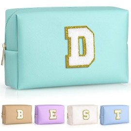 TOPEAST Preppy Small Makeup Bag, Chenille Letter Pouch Cosmetic Bag With Zipper, PU Leather Waterproof Toiletry Bag, Personalized Birthday Gift for Women, Cute Stuff for Girls (Blue D)