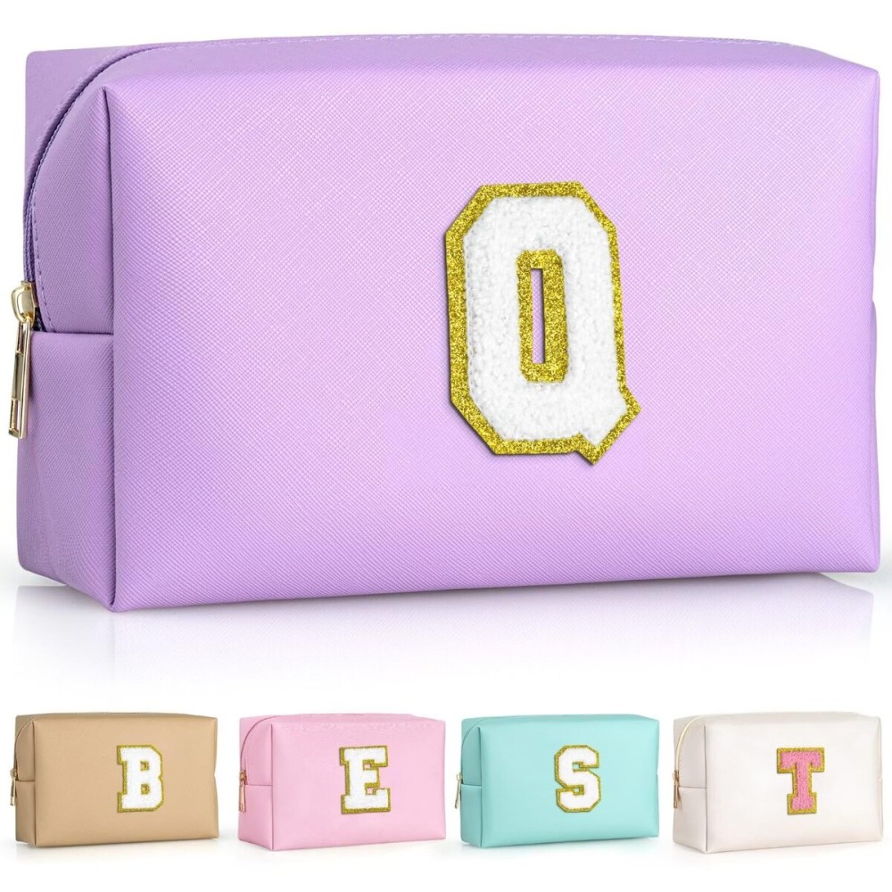 TOPEAST Initial Makeup Bag for Travel, Chenille Letter Pouch Cosmetic Bag, PU Leather Waterproof Toiletry Bag, Personalized Gifts for Bride Bridemaids, Cute Things for Girls (Purple Q)