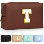 TOPEAST Preppy Stuff for Girls, Initial Makeup Bag Chenille Letter Pouch Cosmetic Bag with Zipper, PU Leather Waterproof Toiletry Bag, Cute Stuff Birthday Gift for Friends Sister (Brown T)