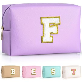 TOPEAST Preppy Makeup Bag, Small Cosmetic Travel Bags for Women, PU Leather Waterproof Toiletry Bag with Zipper, Personalized Birthday Gift for Women Girl, Preppy Gifts for Girl (Purple F)