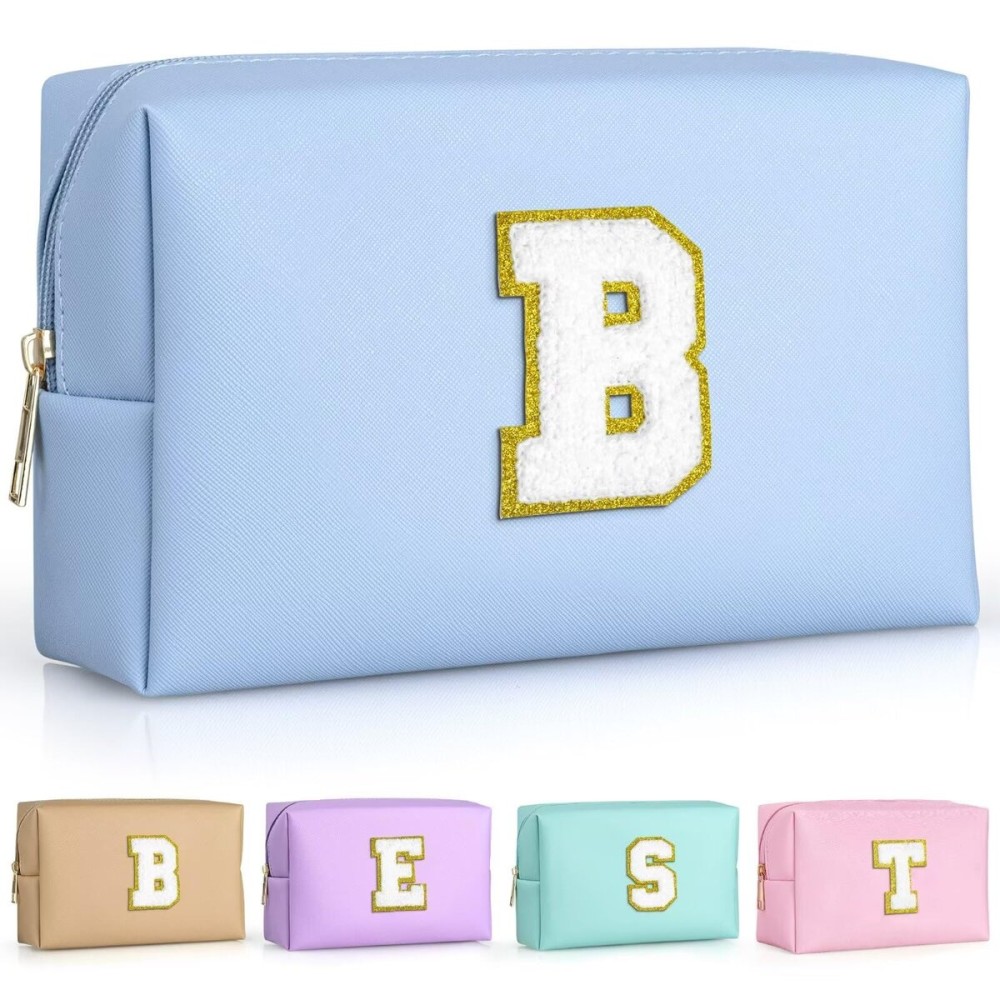 TOPEAST Preppy Patch Makeup Bag, Chenille Letter Pouch Cosmetic Bag, PU Leather Waterproof Toiletry Bag, Personalized Birthday Gift for Women Girl, Cute Stuff for Girls (Sky Blue B)