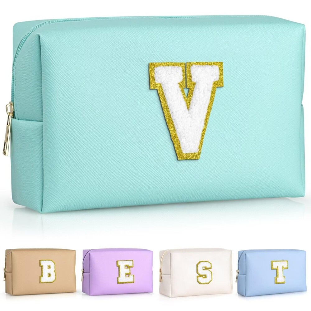 TOPEAST Initial Makeup Bags for Women, Personalized Portable Cosmetic Bag for Travel, Cute Makeup Pouch, PU Leather Waterproof Toiletry Bag, Preppy Things for Girl (Blue V)