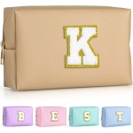 TOPEAST Initial Cosmetic Bag, PU Leather Waterproof Travel Toiletry Bag, Monogrammed Gifts for Women, Personalized Birthday Gift for Sister Friends, Cute Stuff for Girls (Khaki K)
