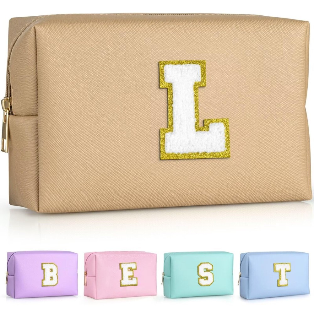TOPEAST Personalized Birthday Gifts for Women, Preppy Patch Makeup Bag, Chenille Letter Pouch Cosmetic Bag, Travel Organizer, Gifts for Friends, Cute Stuff for Women (Khaki L)