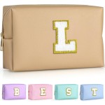 TOPEAST Personalized Birthday Gifts for Women, Preppy Patch Makeup Bag, Chenille Letter Pouch Cosmetic Bag, Travel Organizer, Gifts for Friends, Cute Stuff for Women (Khaki L)