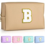 TOPEAST Preppy Patch Makeup Bag, Chenille Letter Pouch Cosmetic Bag, PU Leather Waterproof Toiletry Bag, Personalized Birthday Gift for Women Girl, Cute Stuff for Girls (Khaki B)