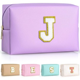 TOPEAST Birthday Gifts for Girls, Travel Makeup Bag Chenille Letter Pouch Cosmetic Bag, Makeup Travel Organizer, Monogrammed Bridesmaid Gifts for Women, Cute Stuff for Girls (Purple J)