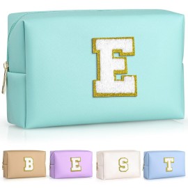TOPEAST Monogrammed Gift for Women Girls, Personalized Initial Makeup Bags Cosmetic Bag with Zipper, Cute Makeup Pouch, PU Leather Waterproof Toiletry Bag, Preppy Gifts Stuff for Girl (Blue E)