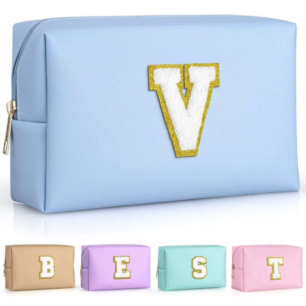 TOPEAST Initial Makeup Bags for Women, Personalized Portable Cosmetic Bag for Travel, Cute Makeup Pouch, PU Leather Waterproof Toiletry Bag, Preppy Things for Girl (Sky Blue V)