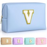 TOPEAST Initial Makeup Bags for Women, Personalized Portable Cosmetic Bag for Travel, Cute Makeup Pouch, PU Leather Waterproof Toiletry Bag, Preppy Things for Girl (Sky Blue V)
