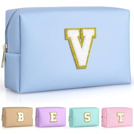 TOPEAST Initial Makeup Bags for Women, Personalized Portable Cosmetic Bag for Travel, Cute Makeup Pouch, PU Leather Waterproof Toiletry Bag, Preppy Things for Girl (Sky Blue V)