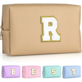 TOPEAST Cosmetic Travel Bags for Women, Preppy Small Makeup Bag, PU Leather Waterproof Toiletry Bag, Unique Friendship Gifts for Friends Coworker, Cute Stuff for Girls (Khaki R)