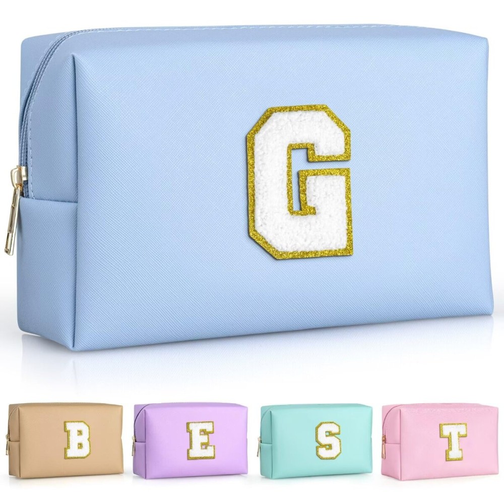 TOPEAST Travel Makeup Bag, Personalized Initial Toiletry Bag w Zipper, Cute Makeup Pouch, PU Leather Waterproof Cosmetic Bag, Birthday Gift for Daughter, Preppy Things for Girls (Sky Blue G)