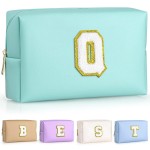 TOPEAST Initial Makeup Bag for Travel, Chenille Letter Pouch Cosmetic Bag, PU Leather Waterproof Toiletry Bag, Personalized Gifts for Bride Bridesmaids, Cute Things for Girls (Blue Q)