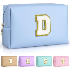 TOPEAST Preppy Small Makeup Bag, Chenille Letter Pouch Cosmetic Bag With Zipper, PU Leather Waterproof Toiletry Bag, Personalized Birthday Gift for Women, Cute Stuff for Girls (Sky Blue D)