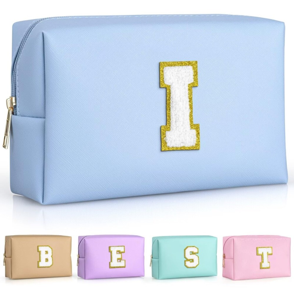 TOPEAST Preppy Makeup Bag, Cute Makeup Pouch PU Leather Waterproof Cosmetic Bag, Personalized Birthday Gifts for Mom Teacher Friends Bridesmaids Nurse, Trendy Stuff for Girls (Sky Blue I)