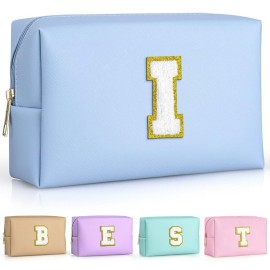 TOPEAST Preppy Makeup Bag, Cute Makeup Pouch PU Leather Waterproof Cosmetic Bag, Personalized Birthday Gifts for Mom Teacher Friends Bridesmaids Nurse, Trendy Stuff for Girls (Sky Blue I)
