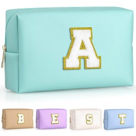 TOPEAST Preppy Makeup Bag, Small Cosmetic Travel Bags for Women, PU Leather Waterproof Toiletry Bag with Zipper, Personalized Birthday Gift for Women Girl, Preppy Gifts for Girl (Blue Z)