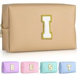 TOPEAST Preppy Makeup Bag, Cute Makeup Pouch PU Leather Waterproof Cosmetic Bag, Personalized Birthday Gifts for Mom Teacher Friends Bridesmaids Nurse, Trendy Stuff for Girls (Khaki I)
