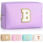 TOPEAST Preppy Patch Makeup Bag, Chenille Letter Pouch Cosmetic Bag, PU Leather Waterproof Toiletry Bag, Personalized Birthday Gift for Women Girl, Cute Stuff for Girls (Purple B)