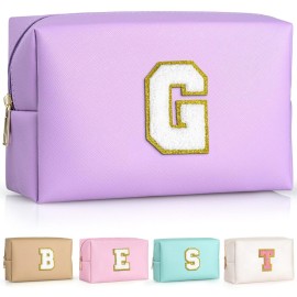 TOPEAST Travel Makeup Bag, Personalized Initial Toiletry Bag w Zipper, Cute Makeup Pouch, PU Leather Waterproof Cosmetic Bag, Birthday Gift for Daughter, Preppy Things for Girls (Purple G)