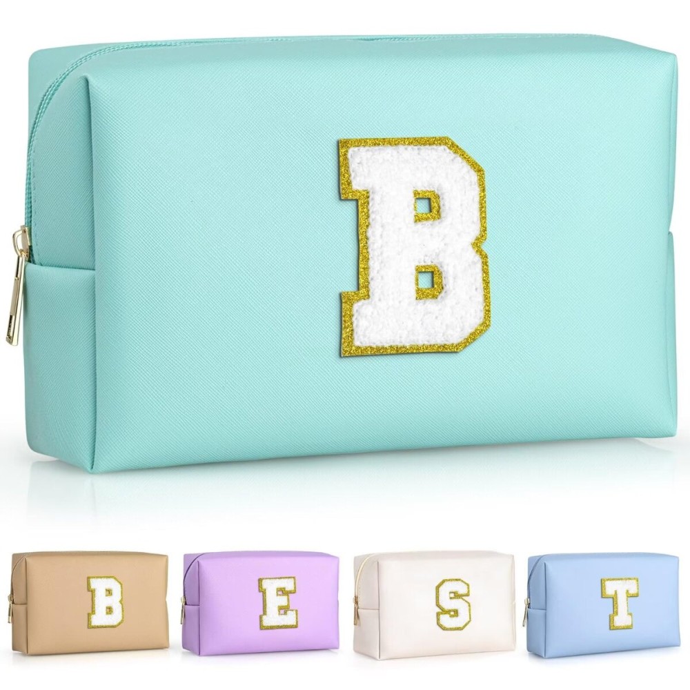 TOPEAST Preppy Patch Makeup Bag, Chenille Letter Pouch Cosmetic Bag, PU Leather Waterproof Toiletry Bag, Personalized Birthday Gift for Women Girl, Cute Stuff for Girls (Blue B)