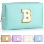 TOPEAST Preppy Patch Makeup Bag, Chenille Letter Pouch Cosmetic Bag, PU Leather Waterproof Toiletry Bag, Personalized Birthday Gift for Women Girl, Cute Stuff for Girls (Blue B)