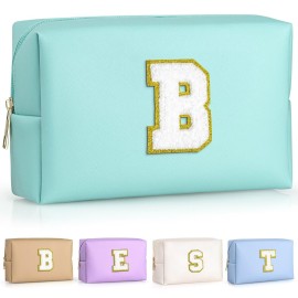 TOPEAST Preppy Patch Makeup Bag, Chenille Letter Pouch Cosmetic Bag, PU Leather Waterproof Toiletry Bag, Personalized Birthday Gift for Women Girl, Cute Stuff for Girls (Blue B)