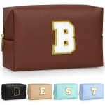 TOPEAST Preppy Patch Makeup Bag, Chenille Letter Pouch Cosmetic Bag, PU Leather Waterproof Toiletry Bag, Personalized Birthday Gift for Women Girl, Cute Stuff for Girls (Brown B)