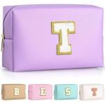 TOPEAST Preppy Stuff for Girls, Initial Makeup Bag Chenille Letter Pouch Cosmetic Bag with Zipper, PU Leather Waterproof Toiletry Bag, Cute Stuff Birthday Gift for Friends Sister (Purple T)
