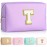 TOPEAST Preppy Stuff for Girls, Initial Makeup Bag Chenille Letter Pouch Cosmetic Bag with Zipper, PU Leather Waterproof Toiletry Bag, Cute Stuff Birthday Gift for Friends Sister (Purple T)