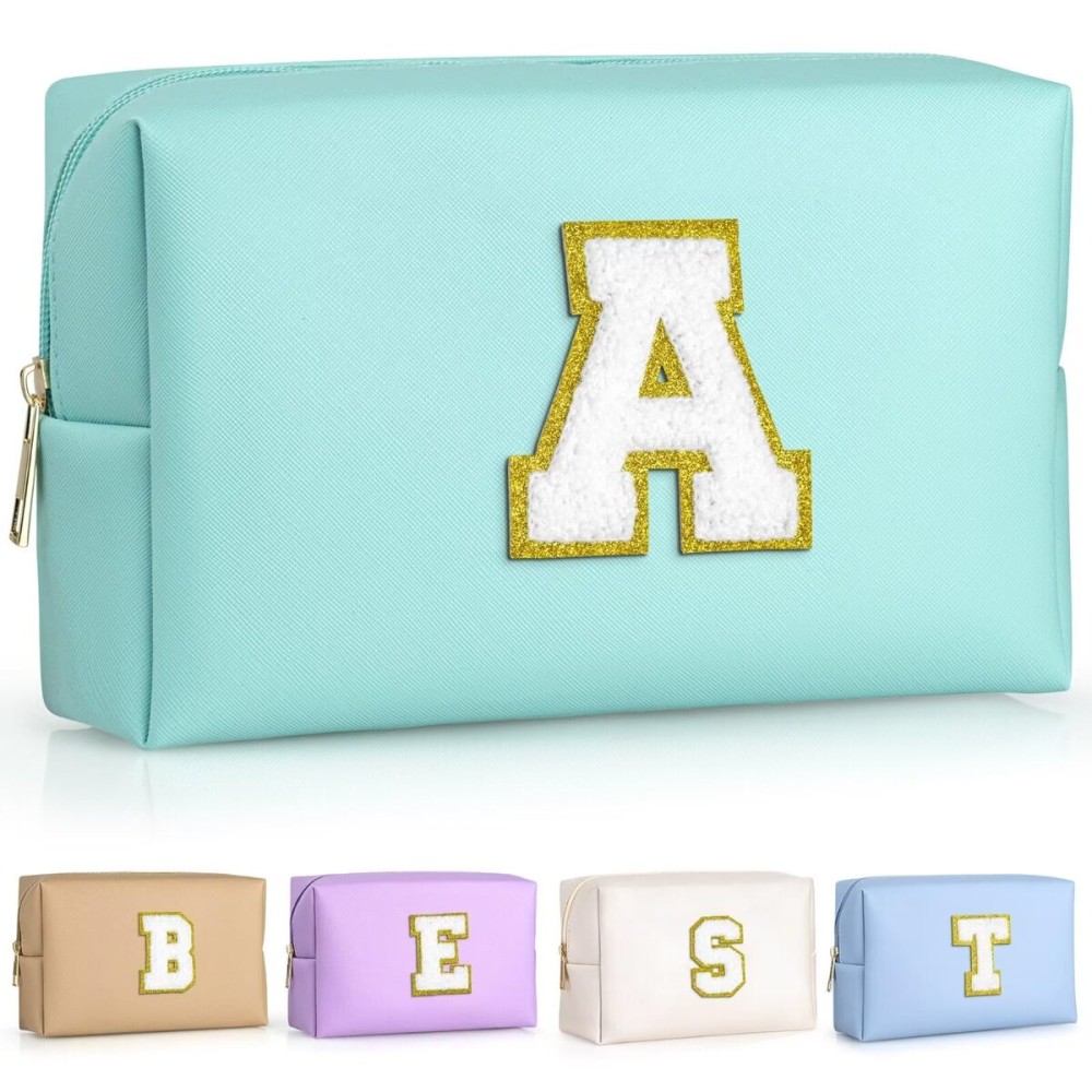 TOPEAST Cosmetic Travel Bags for Women, Preppy Small Makeup Bag, PU Leather Waterproof Toiletry Bag, Unique Friendship Gifts for Friends Coworker, Cute Stuff for Girls (Blue R)