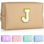TOPEAST Birthday Gifts for Girls, Travel Makeup Bag Chenille Letter Pouch Cosmetic Bag, Makeup Travel Organizer, Monogrammed Bridesmaid Gifts for Women, Cute Stuff for Girls (Khaki J)