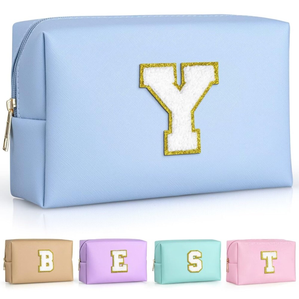 TOPEAST Preppy Makeup Bag, Small Cosmetic Travel Bags for Women, PU Leather Waterproof Toiletry Bag with Zipper, Personalized Birthday Gift for Women Girl, Preppy Gifts for Girl (Sky Blue Y)