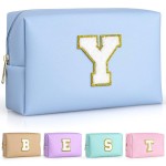 TOPEAST Preppy Makeup Bag, Small Cosmetic Travel Bags for Women, PU Leather Waterproof Toiletry Bag with Zipper, Personalized Birthday Gift for Women Girl, Preppy Gifts for Girl (Sky Blue Y)