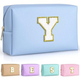 TOPEAST Preppy Makeup Bag, Small Cosmetic Travel Bags for Women, PU Leather Waterproof Toiletry Bag with Zipper, Personalized Birthday Gift for Women Girl, Preppy Gifts for Girl (Sky Blue Y)