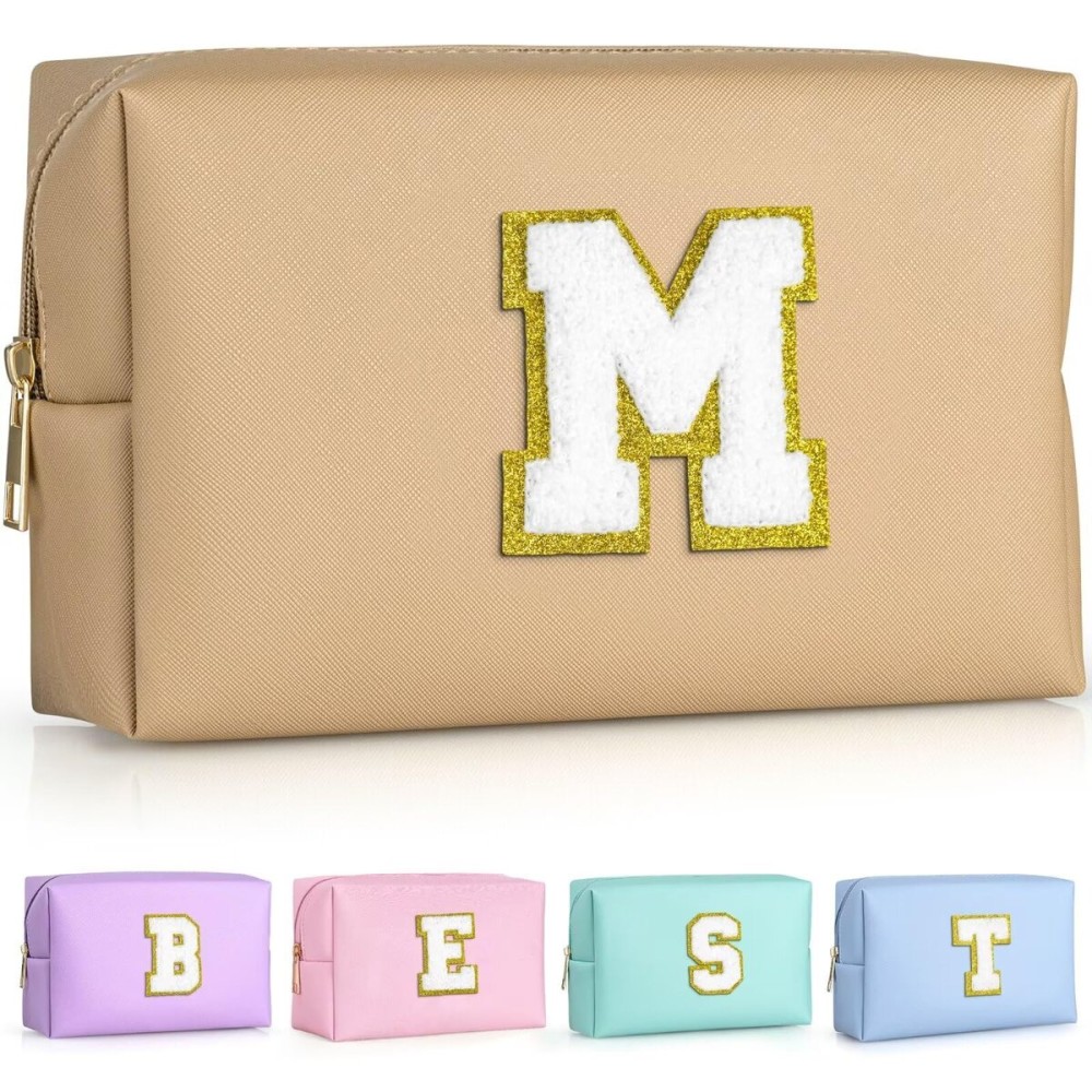 TOPEAST Monogrammed Gifts for Women, Preppy Makeup Bag Small Cosmetic Bag Travel Toiletry Bag, Personalized Birthday Gift for Girl, Wedding Bridal Shower Gifts for Bridesmaids (Khaki M)