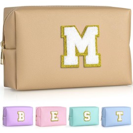 TOPEAST Monogrammed Gifts for Women, Preppy Makeup Bag Small Cosmetic Bag Travel Toiletry Bag, Personalized Birthday Gift for Girl, Wedding Bridal Shower Gifts for Bridesmaids (Khaki M)