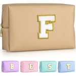 TOPEAST Preppy Makeup Bag, Small Cosmetic Travel Bags for Women, PU Leather Waterproof Toiletry Bag with Zipper, Personalized Birthday Gift for Women Girl, Preppy Gifts for Girl (Khaki F)