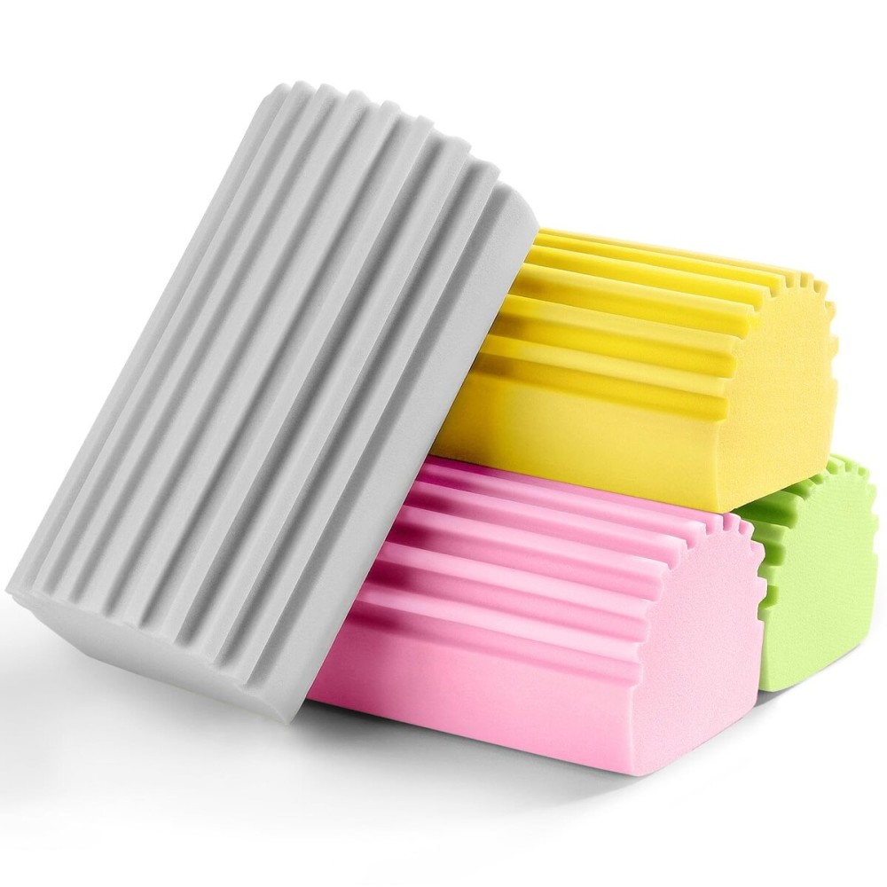 Jeymei 4-Pack Damp Clean Duster Sponge,Reusable Magic Dusting Sponge Brush for Cleaning Blinds, Glass, Baseboards,Vents,Railings,Mirrors,Window Track Grooves and Faucets (Grey,Yellow,Pink,Green)