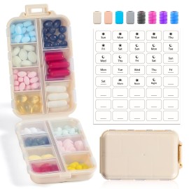 14 GRIDS Travel Pill Organizer Box with Labels - Travel Medicine Case Kit - Pocket Daily Pharmacy Container - Travel Medication Holder Dispenser for Fish Oil Vitamin Supplement Storage - Khaki