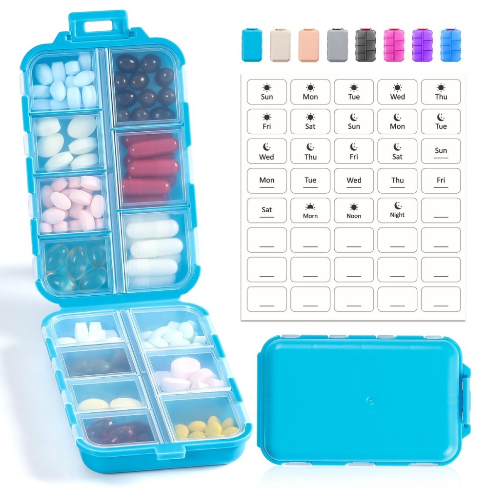 14 GRIDS Travel Pill Organizer Box with Labels - Travel Medicine Case Kit - Pocket Daily Pharmacy Container - Travel Medication Holder Dispenser for Fish Oil Vitamin Supplement Storage - Blue