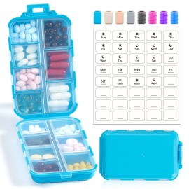 14 GRIDS Travel Pill Organizer Box with Labels - Travel Medicine Case Kit - Pocket Daily Pharmacy Container - Travel Medication Holder Dispenser for Fish Oil Vitamin Supplement Storage - Blue