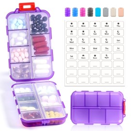 14 GRIDS Travel Pill Organizer Box with Labels - Travel Medicine Case Kit - Pocket Daily Pharmacy Container - Travel Medication Holder Dispenser for Fish Oil Vitamin Supplement Storage - Clear Purple